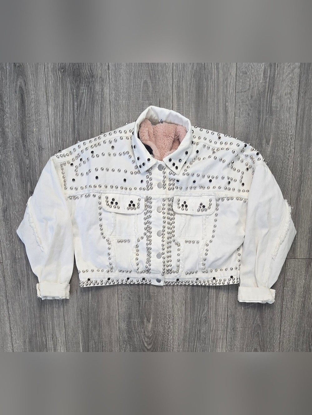 Ruby’s White Rhinestone Studded Denim Jacket Pink Faux-Fur Lined Y2K #530